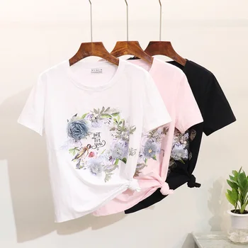 

2019 New Summer Fashion Short Sleeve Women's Tops O Neck Embroidery Floral Cotton T-shirts All-match Students Tshirts