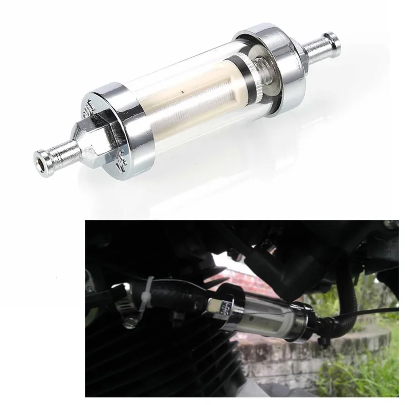 Universal Short Chrome /& Glass Inline Fuel Petrol Filter Motorcycle Motorbike