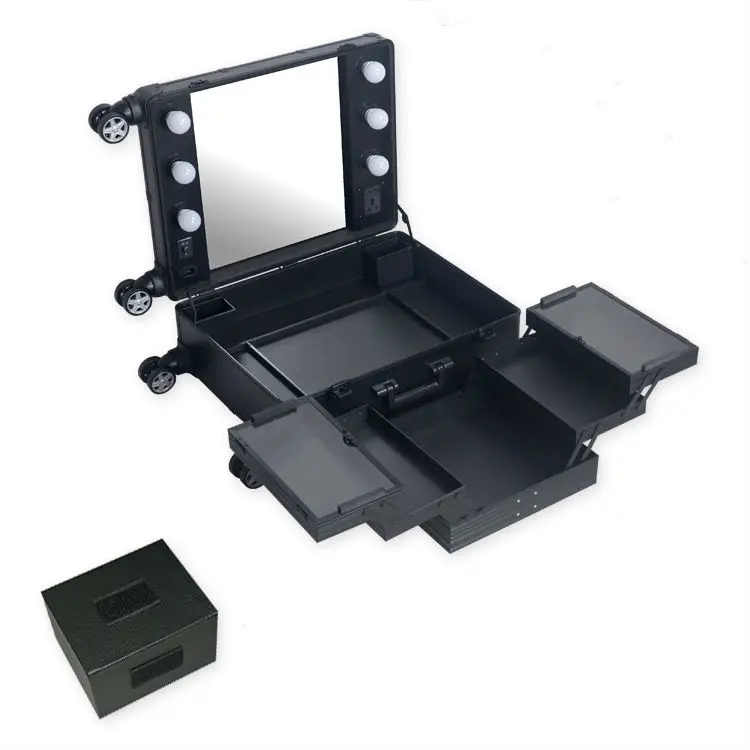 

Professional illuminated vanity case LED dimming mirror holder Everbright removable casters with the makeup portable toolbox