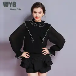 Черный Раффлед вязаный свитер 2018 осень зима французский стиль контраст Белый Черный оборками длинными расклешенными рукавами женские