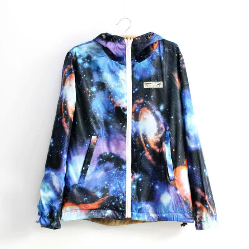 

New 2017 autumn and spring Harajuku style women hooded coat Galaxy Space printed color block ladies' reversible casual jacket