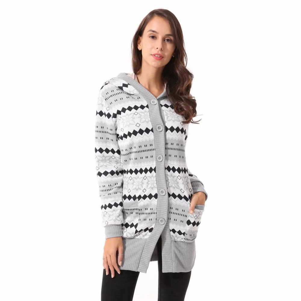 Women Button Up Winter Knitted Long Sleeve Geometric Hooded Hoodiein Hoodies & Sweatshirts from
