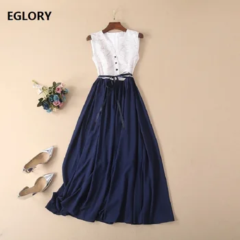 

European Long Dress 2019 Spring Summer Style Women V-Neck Leaves Print Sleeveless A-Line Elegant Long Party Maxi Dress Chic