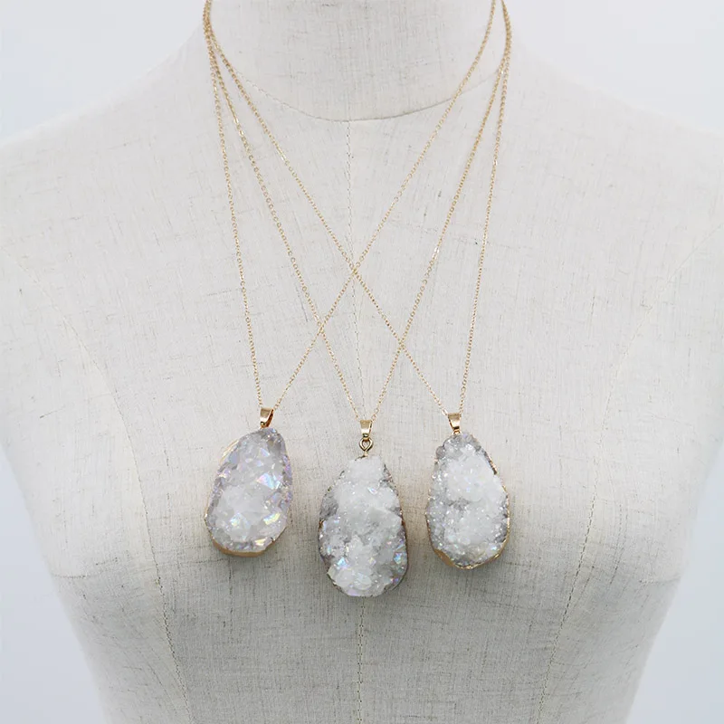 Мода нерегулярный натуральный камень синий белый кварц кристалл кулон ожерелье s цепь ожерелье ювелирные изделия - Окраска металла: 01