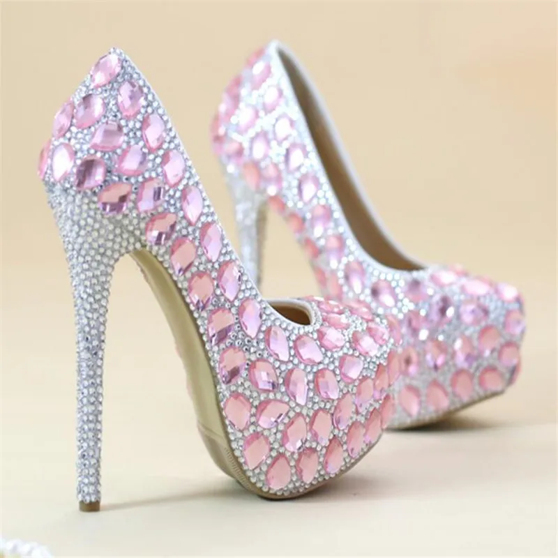 

8cm/10cm/12cm/14cm Women Fashion princess Crystal shoes Wedding shoes Bride High-heeled shoes Pink silvery Waterproof Wedding sh