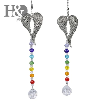 

H&D 20mm Crystal Prism Ball Chakra Colors Rondelle Beads Strand with Angel Wing Rainbow Suncatcher,Pack of 2