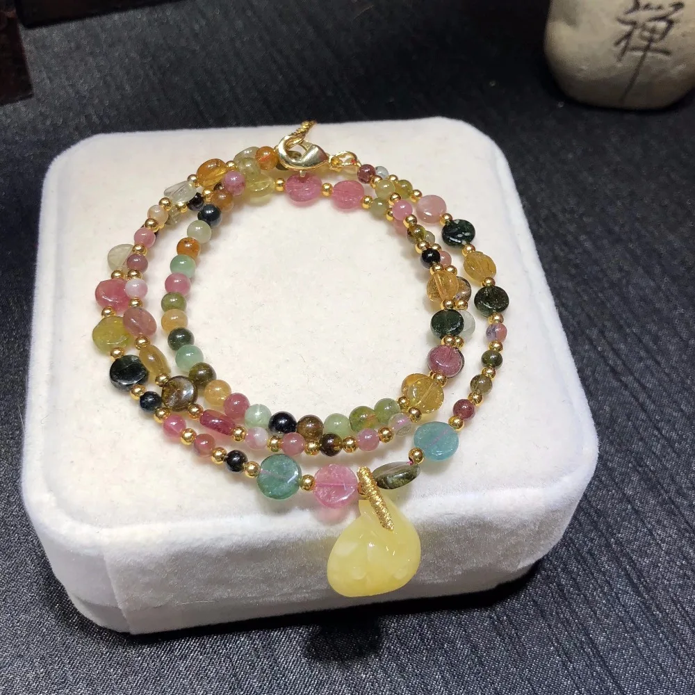 

2018 New Arrive Natural Brazil Tourmaline Stone 5.6mm and Amber Charm Pendant 36.8g Bracelet Certificated Fine Jewelry