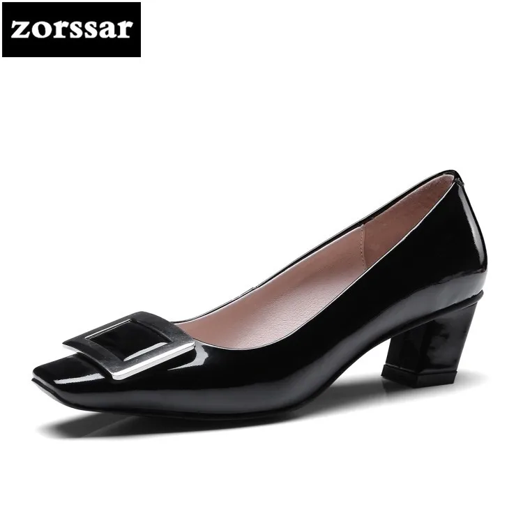 {Zorssar} 2018 NEW fashion buckle Genuine Leather thick heel womens shoes heels Square toe High heels pumps ladies Office shoes {Zorssar} 2018 NEW fashion buckle Genuine Leather thick heel womens shoes heels Square toe High heels pumps ladies Office shoes