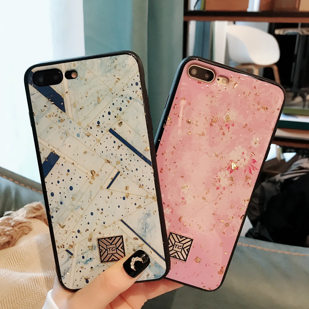 

Fashion gold Foil Cherry Blossoms Bling Phone Case For iPhone 8 7plus 6 6s Plus X XS Max XR Soft TPU Geometry Cover Glitter Case