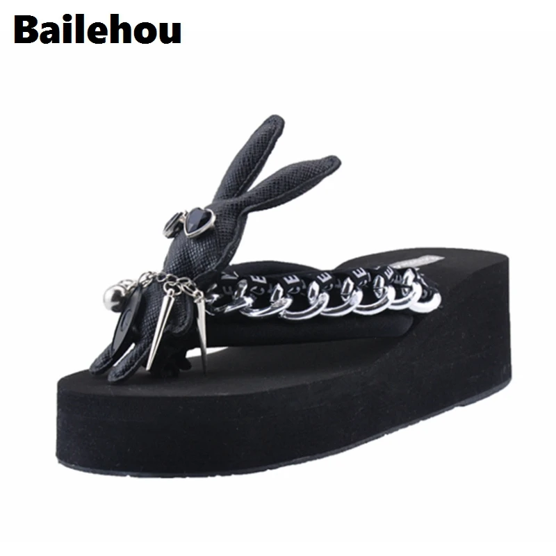 

Bailehou Women Summer Slippers Beach Platform Sandals Lady Wedge Shoes Handmade China Rabbit Fashion Flip Flops Slides Heel 6cm