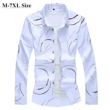 Осень новая мужская рубашка с принтом Модная Повседневная белая рубашка с длинными рукавами Мужская брендовая одежда плюс размер 5XL 6XL 7XL