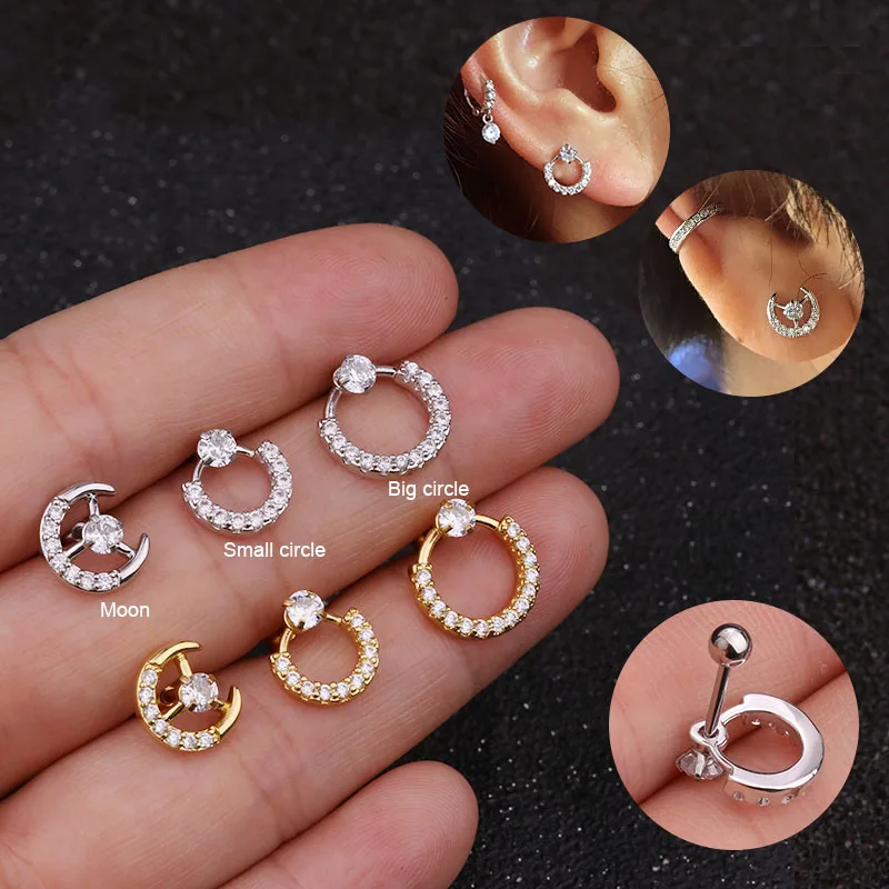 

Feelgood 20g 0.8mm Stainless Steel Barbell With Cz Circle Moon Cartilage Helix Piercing Earring Conch Rook Lobe Screw Back Stud
