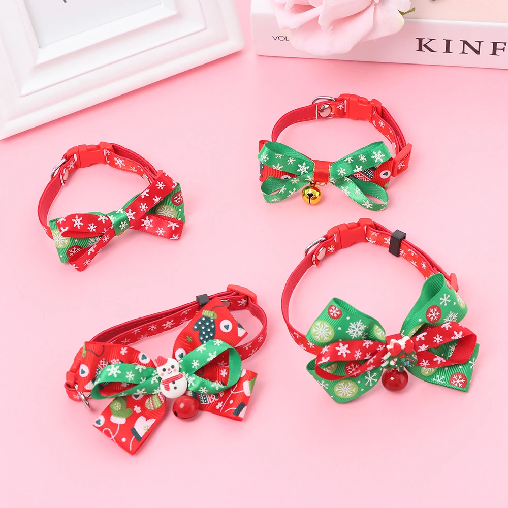 

1PC Adjustable Snow Series Necklace Dog Neck Strap Lovely Christmas Pet Cat Dog Neck Bowtie Bowknot Bell Bow Tie Collar S/M/L/XL