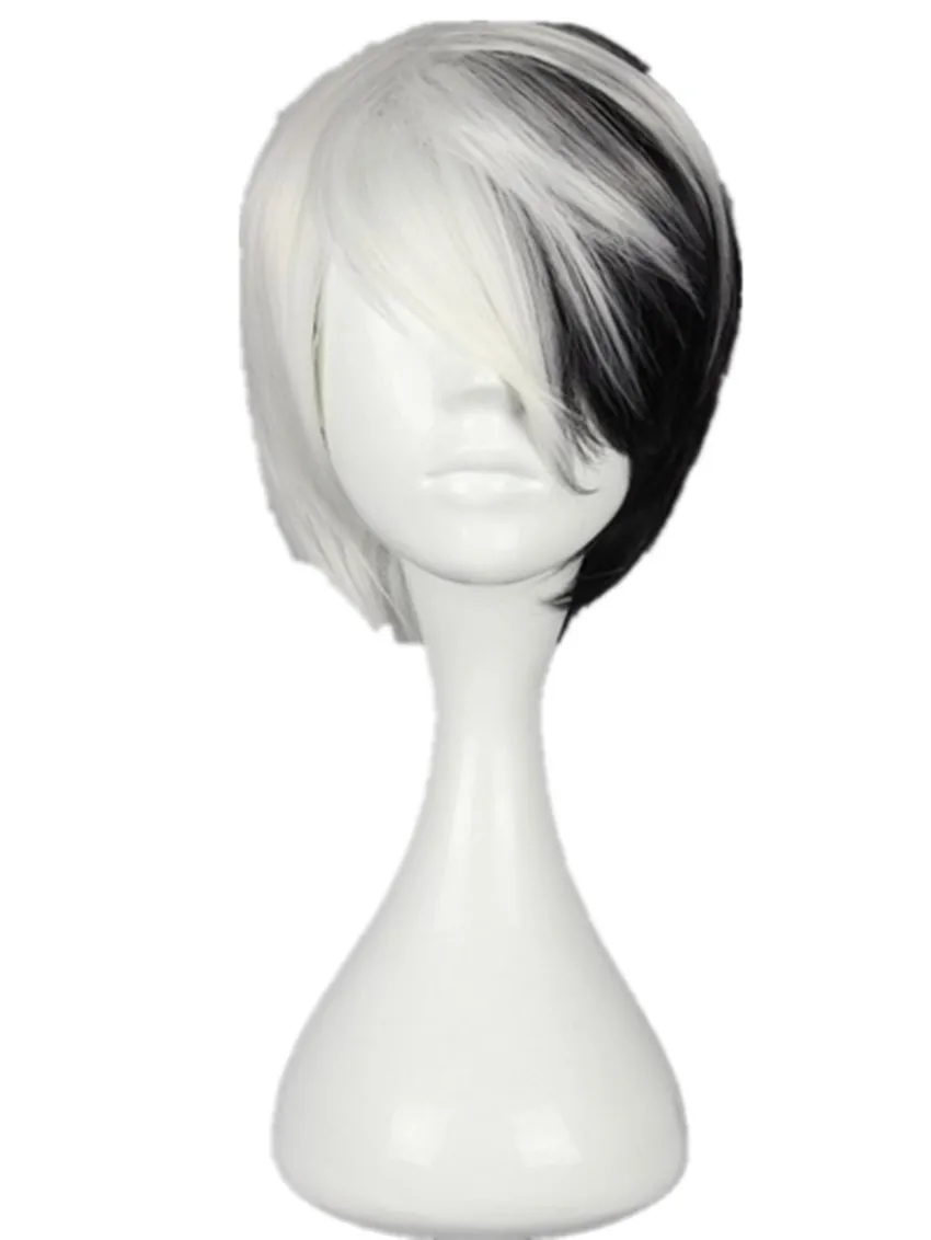 

Fei-Show Hair Synthetic Heat Resistant Short Wavy Hair Costume Cos-play Cartoon Role Peruca Peruk Half Black and White Bob Wig