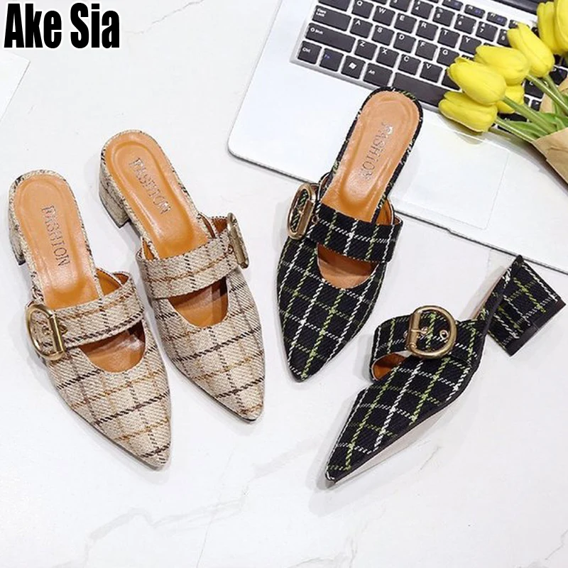 

New Women Lady Babouche Pointed Toe Buckle Half Scuff Mules Slides Hollow Out Woman High Chunky Heels Casual Slippers Shoes A518