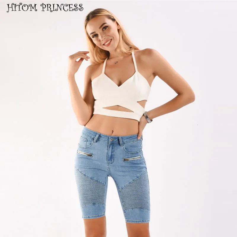 

HITOM PRINCESS Knee Length Denim Shorts Women Biker High Waist Skinny Short Jeans Woman Plus Size Zipper Stretch Slim Shorts