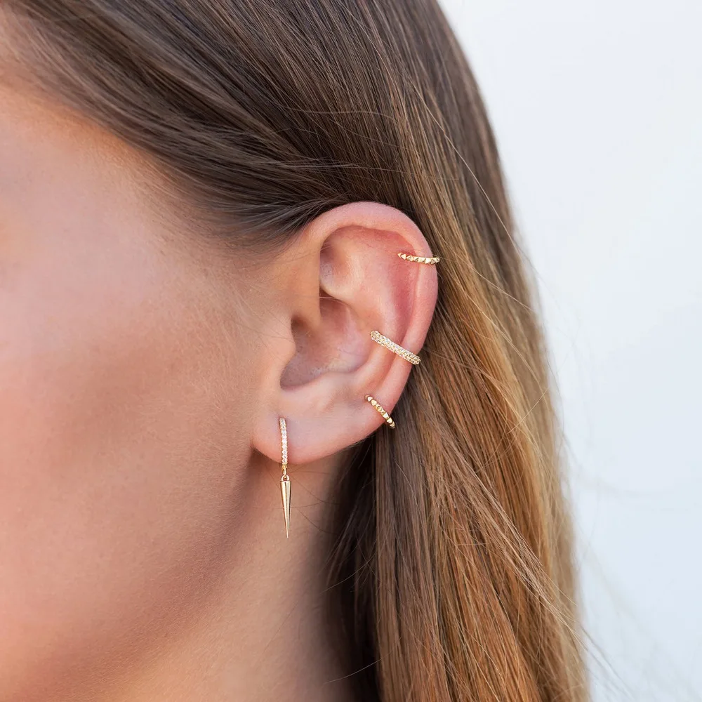 

gold color plated 2019 Spike hoop earrings Cubic zirconias Huggie hoops with pendant charms for women wedding minimalist jewelry