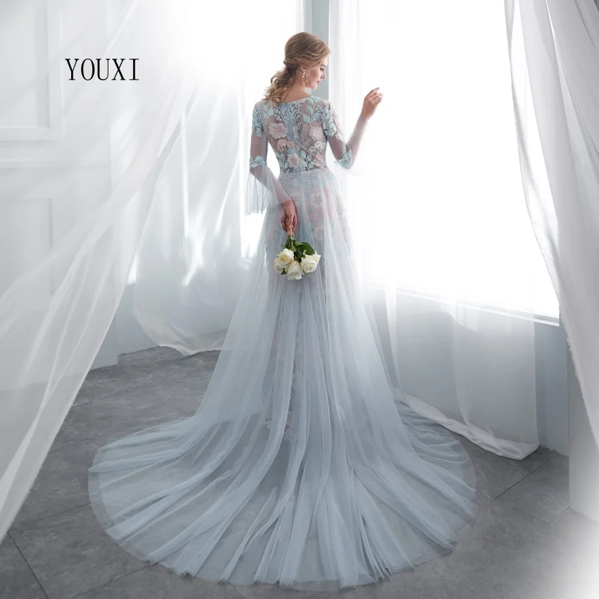 Floral Lace Long Sleeve Prom Dresses 2019 YOUXI New Arrival A-line Blue Long Evening Gowns Vestido De Formatura