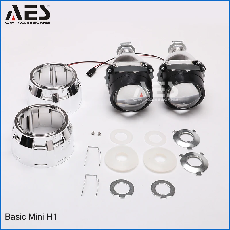 

AES 2.5inch Basic Mini H1 HID bi-xenon projector lens with Mini Gatling Gun Chrome Shrouds for H1 Bulb Car Headlight Retrofit