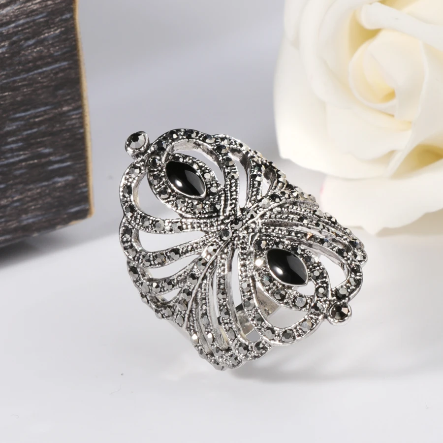 Kinel модное дамское кольцо с черной эмалью винтажные Свадебные ювелирные изделия полые серые с кристаллами в богемном стиле древние серебряные кольца для женщин