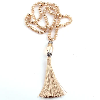 

Free Shipping Fashion Bohemian Jewelry Beige Crystal Glass Knotted Handmake Paved Crystal Tassel Necklace For Women