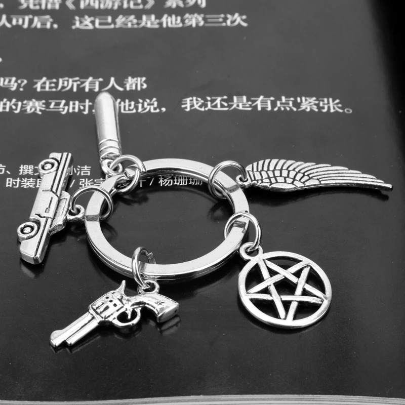 dongsheng Supernatural Key Chains Dean Winchester Jensen Pentagram Car Gun Charms Pendants Keychain Key Rings llaveros