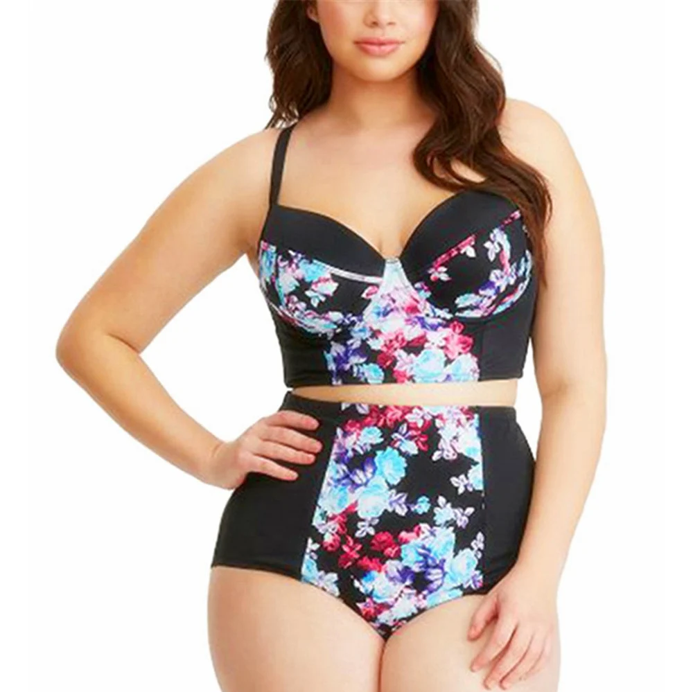 

Plus size floral bikini push up high waist swimsuit crop tops bikini halter swimwear large size women push up swimsuit plus size