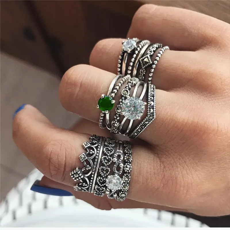 

ZORCVENS Vintage Crown Crystal Boho Jewelry Unique Carving Tibetan Silver Rings Set for Woman Wedding Party Luxury Ring Sets