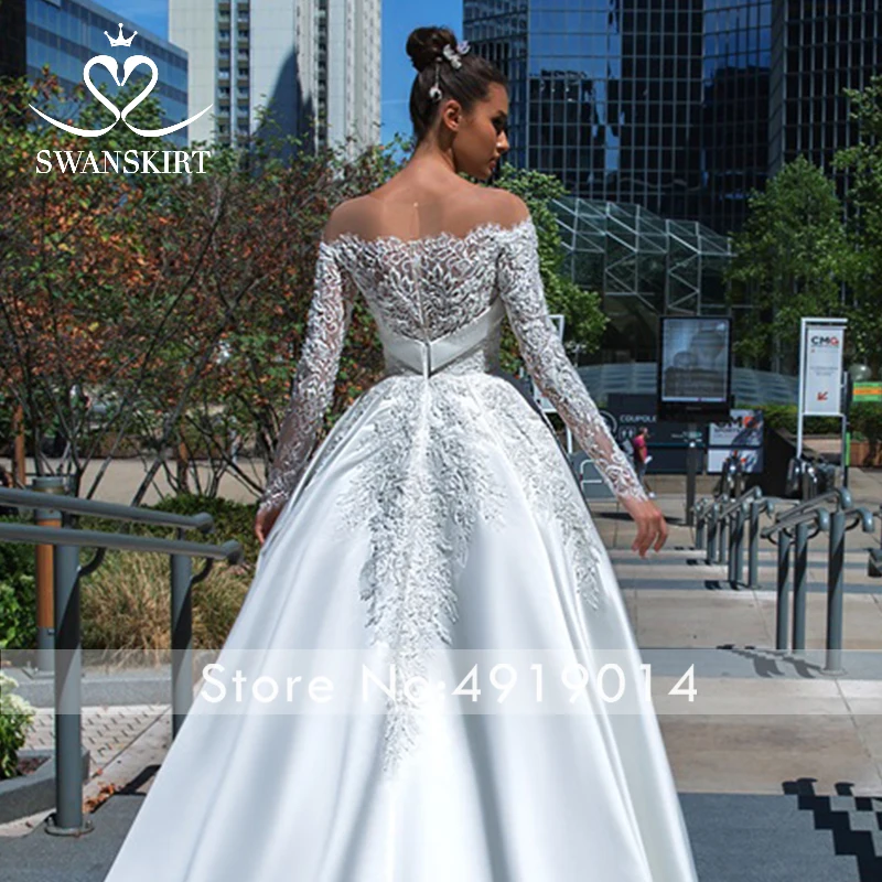 Элегантное атласное свадебное платье с аппликацией роскошное ТРАПЕЦИЕВИДНОЕ ПЛАТЬЕ с бусинами и длинным рукавом платье для невесты принцессы Vestido de Noiva F135