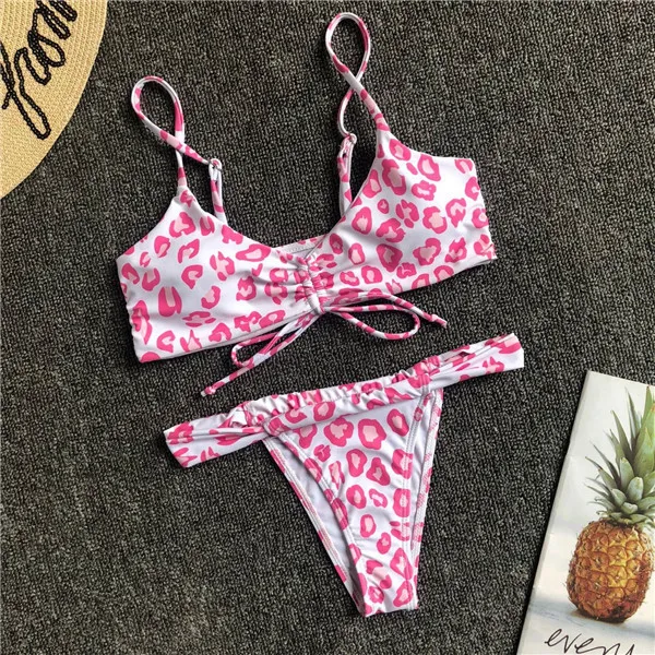 Розовый Леопардовый принт бикини купальник Maillot De Bain женский раздельный купальник для плавания для отдыха с пуш-ап завязками комплект бикини