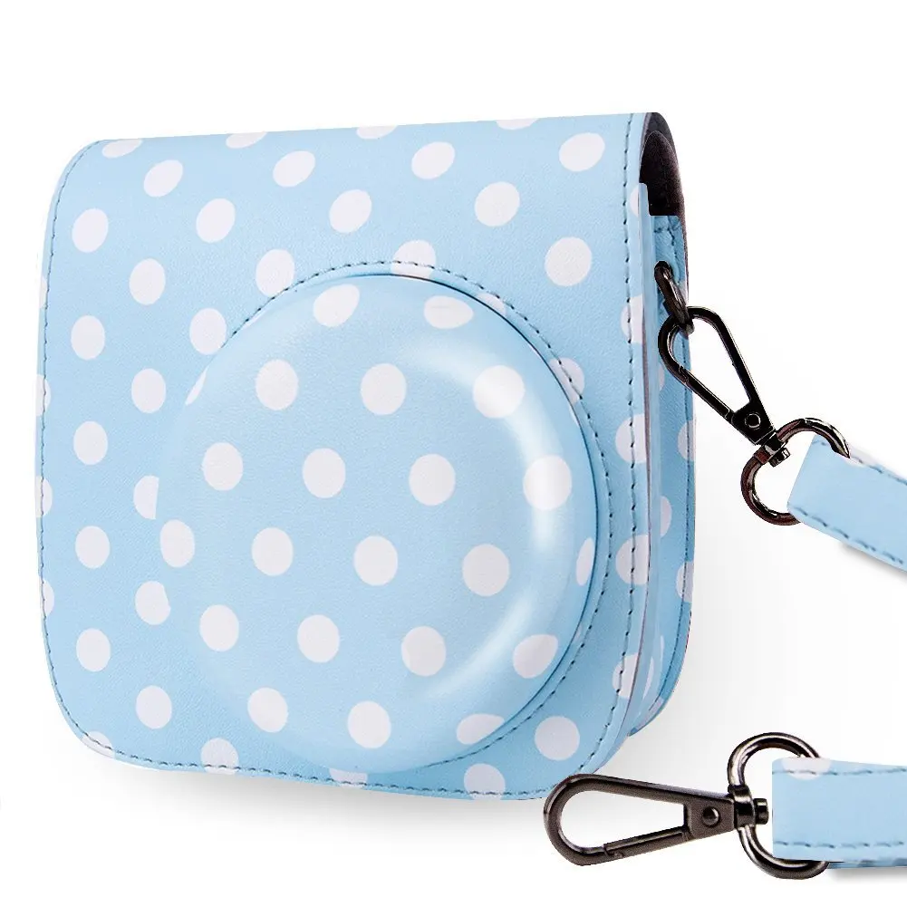 

PU Leather Instax Mini 9 Camera Case Blue Dot for Fujifilm Mini 8 9 Instant Camera With Pocket Adjustable Shoulder Strap Bag