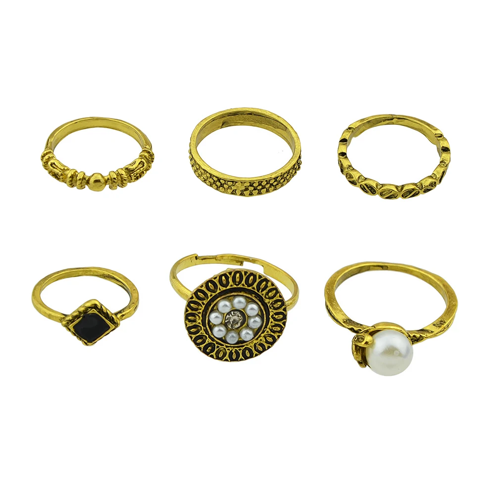 6pcs/set Bohemian Jewelry Midi Ring Antique Silver Gold Color with Black Enamel Simulated-pearl Square Round Finger Rings | Украшения и