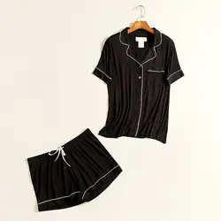Пижамный комплект Для женщин Летняя мужская пижама комплекты Для женщин шорты v-образным вырезом отложным воротником пижамы женская