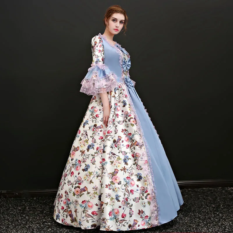 New Arrival Light Blue Square Collar Half Flare Sleeve Floral Printed Pattern European Court Marie Antoinette Long Party Dresses
