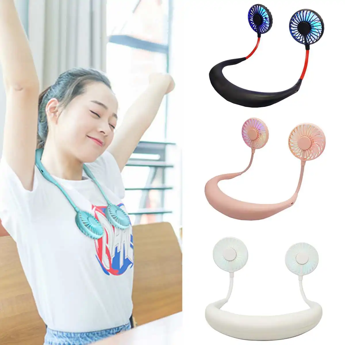 

USB Portable Fan Hands-free Neck Hanging USB Charging Mini Portable Sports Fan 3 Gears Usb Air Conditioner Fans With Lights