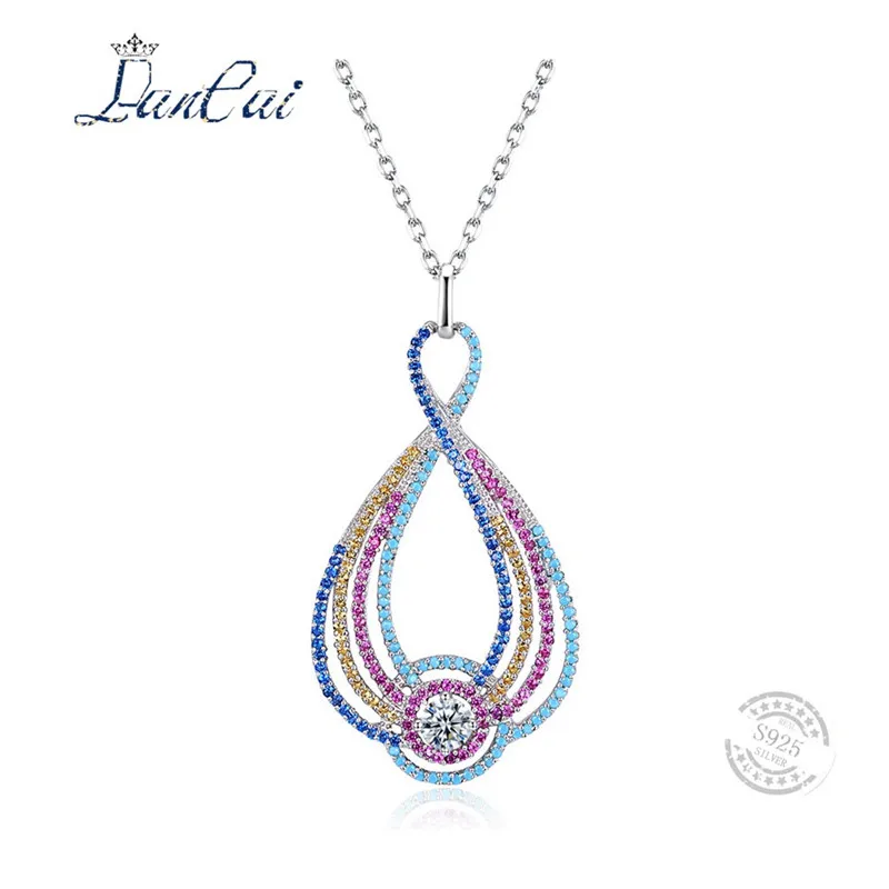 

LANCAI Fashion Manual 925 Sterling Silver Necklace Geometric Lines Colorful Zircon Pendant Necklace for Women Fine Jewelry Gift
