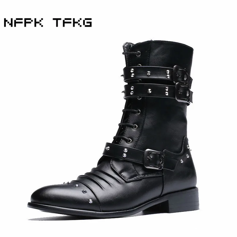 men's fashion party nightclub dress motorcycle boots black soft leather shoes autumn winter cowboy high boot long botas hombre