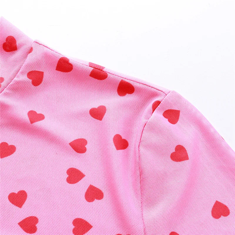 Повседневная женская розовая укороченная Футболка с принтом в виде сердца, милая одежда с коротким рукавом, сексуальная летняя футболка в сеточку
