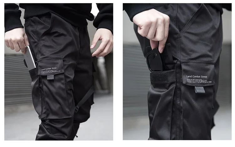 Men Fashion Casual Harem Joggers Harajuku Sweatpant Hip Hop Trousers Men Ribbons Color Block Black Pocket Cargo Pants