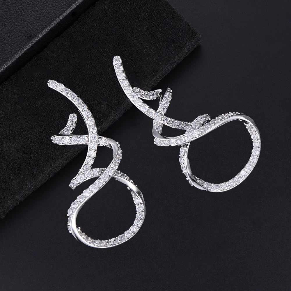 38mm Women Unique Irregular Twine Geometric Full CZ Stud Earrings For Bridal Engagement Earrings Jewelry