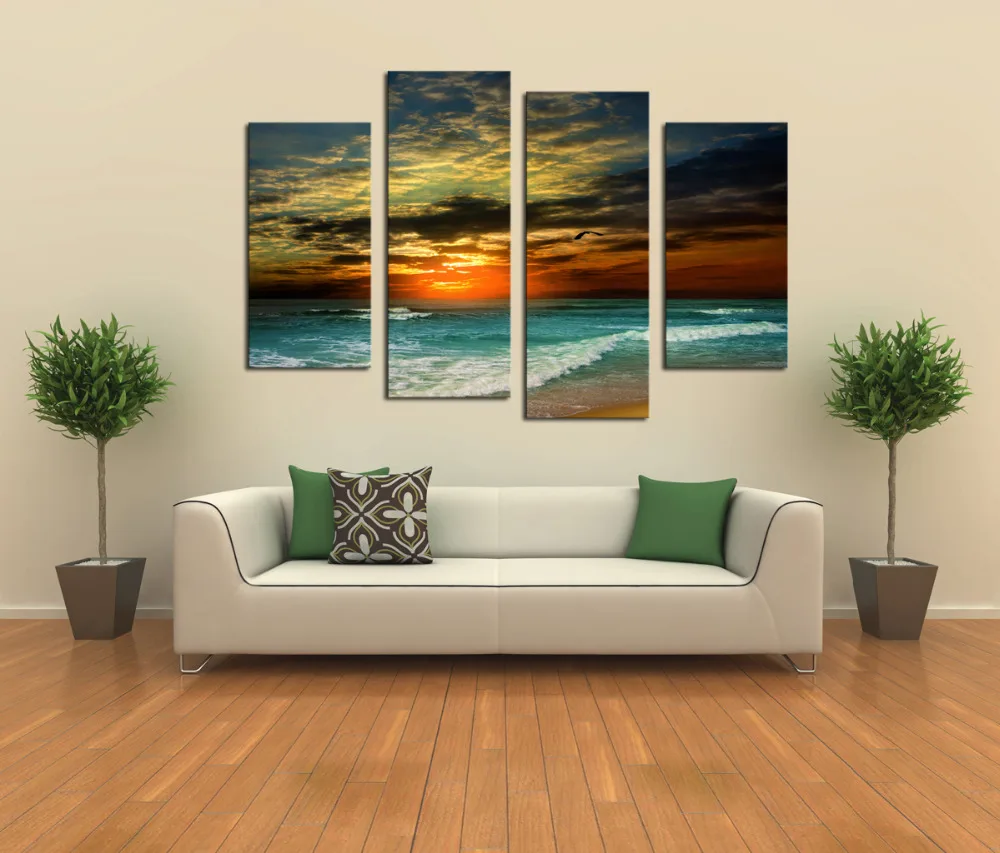 Frameless 4 Panels HD Sunset Seascape Canvas Print Painting For Modern