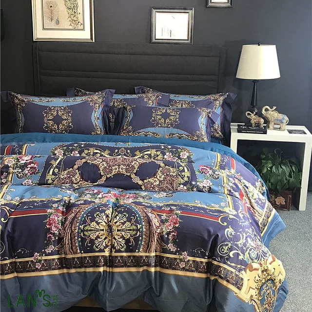 2017 Luxury Royal Blue 100cotton 4pcs Bedding Sets Fashion Palace