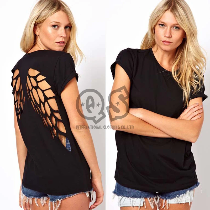 New 2015 fashion t shirt  for women laser backless angel wings women