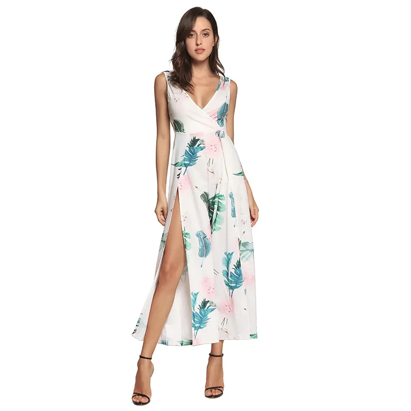 GOPLUS Spring Boho Print Jumpsuit Women High Waist Sexy V Neck Sleeveless Jumpsuits Lady Split Wide Leg Vintage Loose Jumpsuit