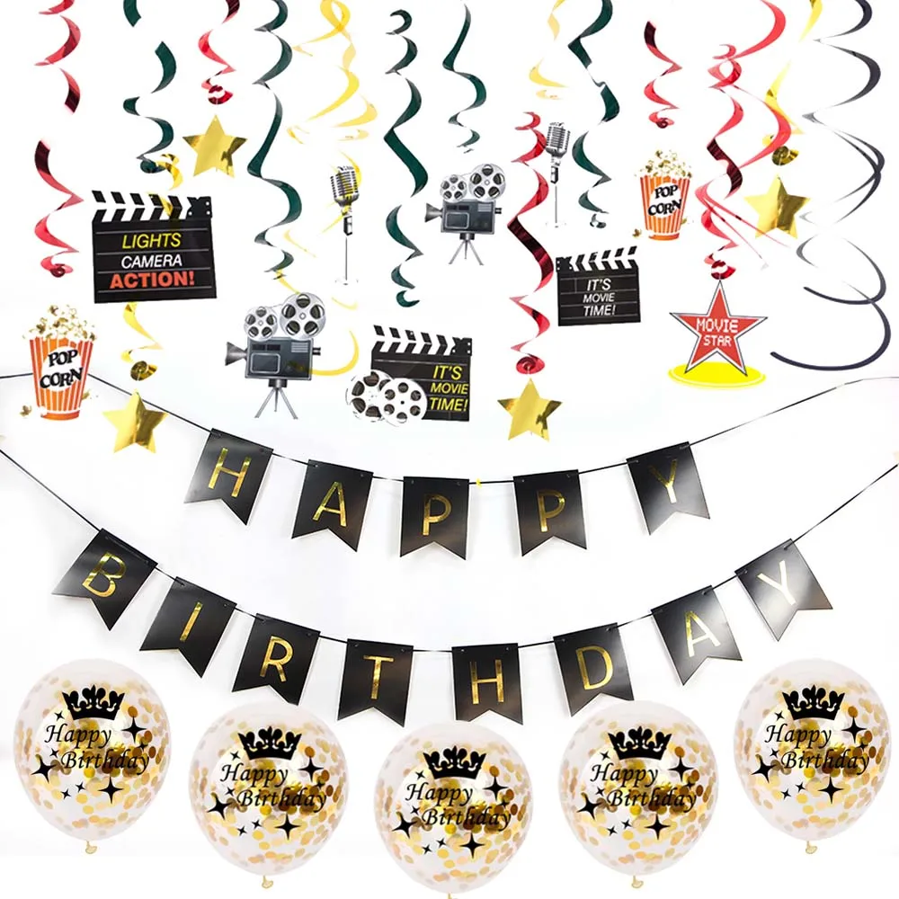 

Hollywood Birthday Party Decoration Set Movie Night Hanging Swirls Happy Birthday Confetti Latex Balloons Premiere Night Awards