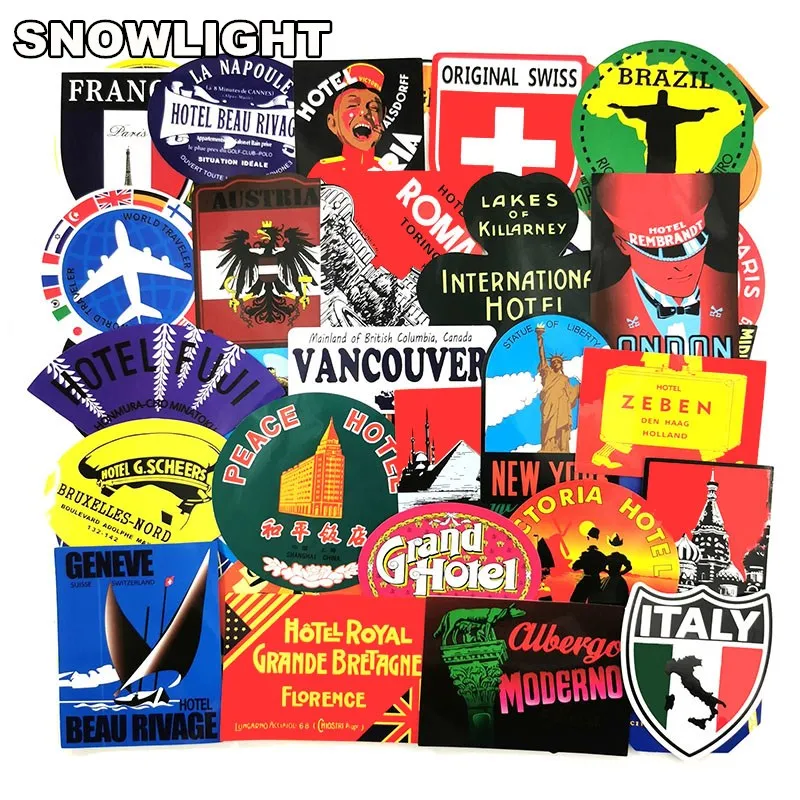 10/30/50pcs/pack Retro Style Travel Hotel Stickers Decal For Snowboard Laptop Luggage Car Fridge Diy Styling Vinyl Home Decor