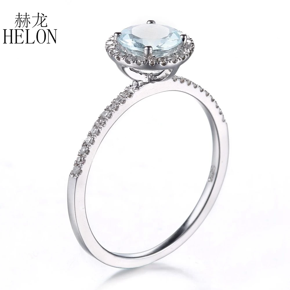 HELON 6 мм круглый разрез Натуральный аквамарин Твердые 14 K белое золото кольцо с натуральным бриллиантом Алмазы обручальные свадебные Для женщин кольцо