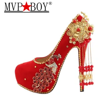 

MVP BOY brand design handmade red wedding shoes woman crystal peacock gold flower 10-14cm high heels bride pumps women
