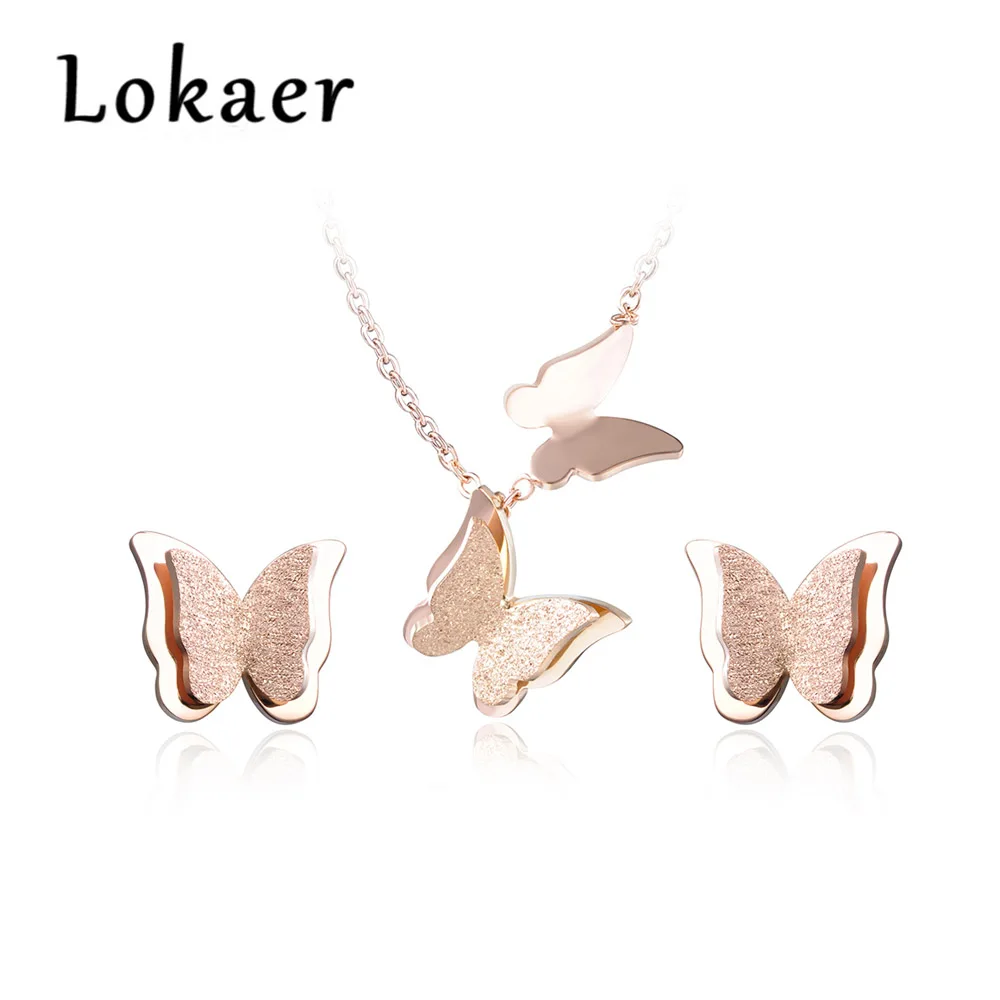 Lokaer модные титановые стальные милые двойные летающие серьги в виде бабочек и кулон ожерелье наборы мода животных комплект ювелирных украшений для женщин