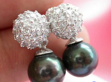 

Hot selling> free shipping 13378 10-11MM round black FRESHWATER PEARL DANGLE EARRING 925SS -Bride jewelry free shipping